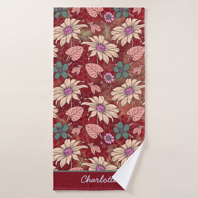 Personalized name floral seamless pattern red  bath towel (Bath Towel)