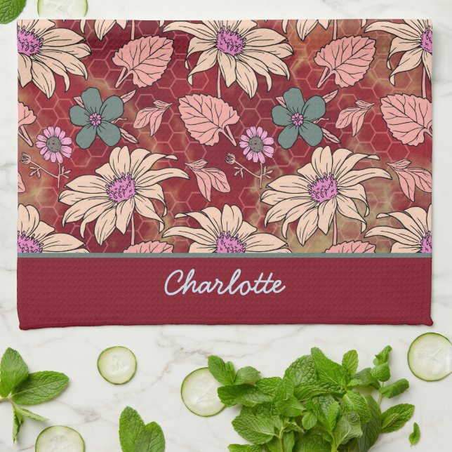 Personalized name floral seamless pattern red kitchen towel (Folded)
