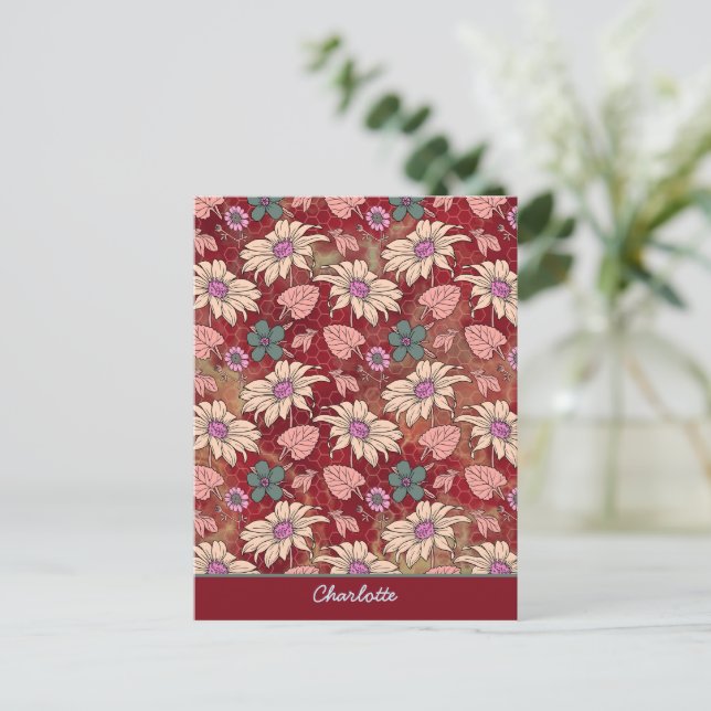 Personalized name floral seamless pattern red  postcard (Standing Front)