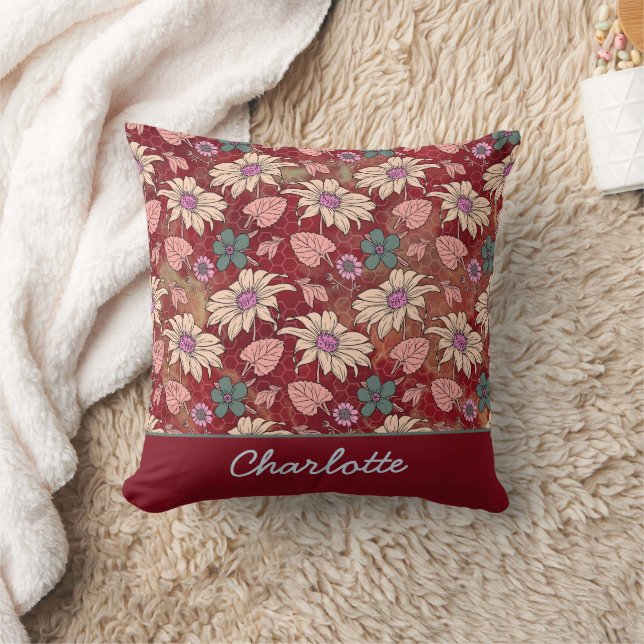 Personalized name floral seamless pattern red  throw pillow (Blanket)