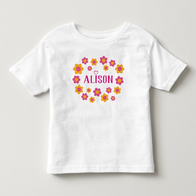 Personalized name floral spring girl pink yellow toddler t-shirt (Front)