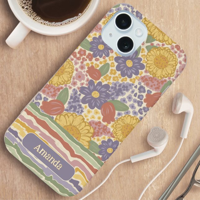 Personalized Name Floral Stripe Phone Case (Personalized Floral Stripe Phone Case - Gift for Her)