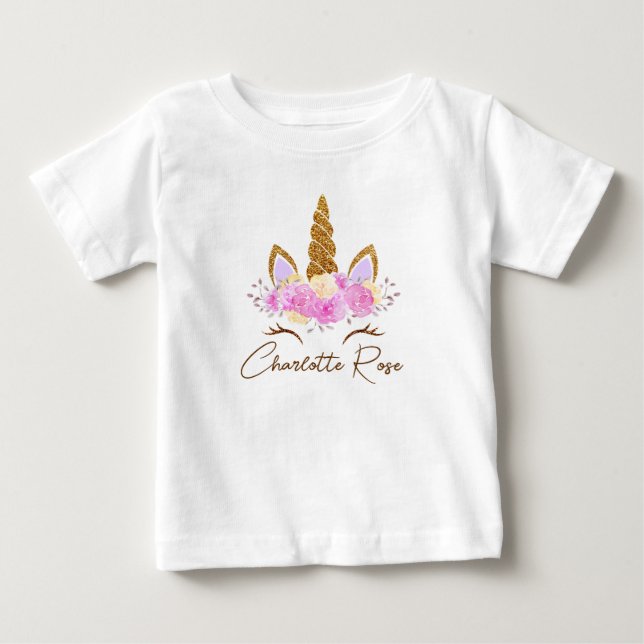 Personalized Name Floral Unicorn Girls  Baby T-Shirt (Front)