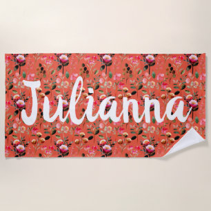 Personalized Name Floral Warm Vintage Orange Beach Towel