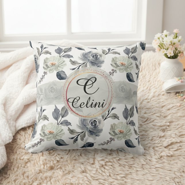 Personalized Name Floral Watercolor Throw Pillow (Personalized Floral Watercolor Throw Pillow with Elegant Seamless Pattern)
