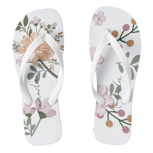 Personalized Name Floral  White Flip Flops