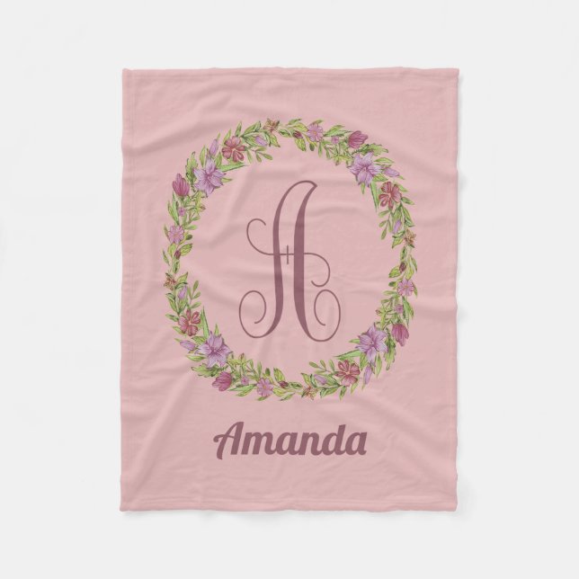 Personalized Name Floral Wreath Monogram A Fleece Blanket (Front)