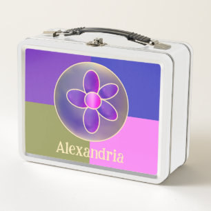 Personalized Name Flower Purple Hot Pink Metal Lunch Box