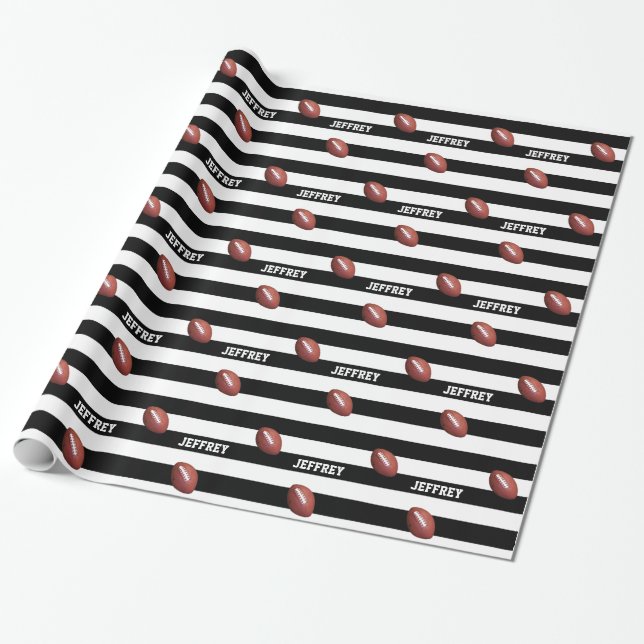 Personalized Name Football Black and White Wrapping Paper (Unrolled)