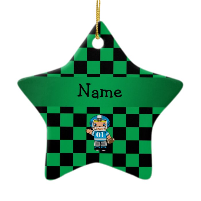 Personalized name football player green checkers christmas tree ornaments