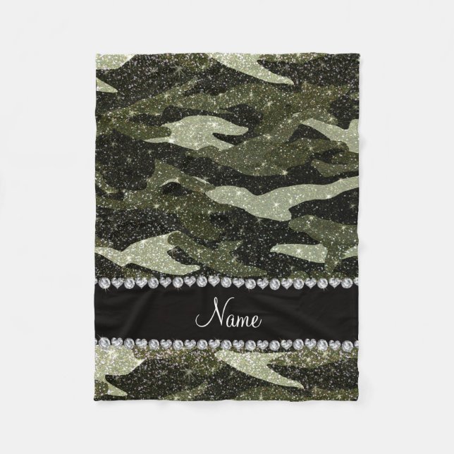 Personalized name forest green glitter camouflage fleece blanket (Front)