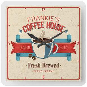 Personalized NAME Fresh Brew Coffee House Shop Square Wall Clock