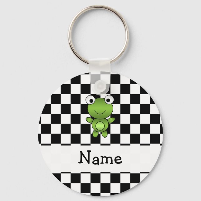 Personalized name frog black and white checkers keychain (Front)