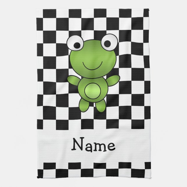 Personalized name frog black and white checkers towel (Vertical)