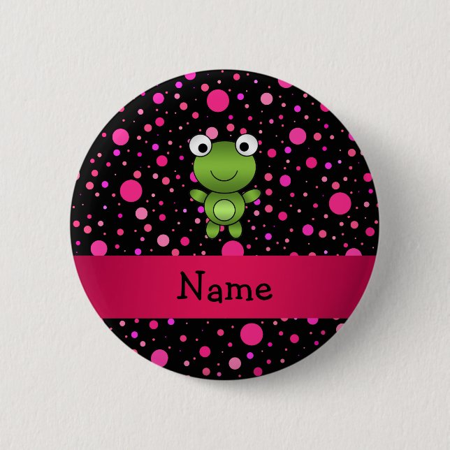 Personalized name frog black pink polka dots pinback button (Front)