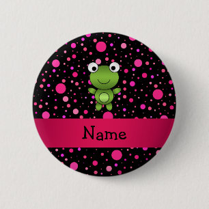 Personalized name frog black pink polka dots pinback button