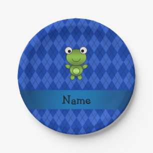 Personalized name frog blue argyle paper plates