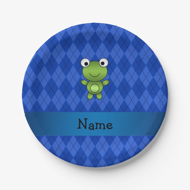 Personalized name frog blue argyle paper plates (Front)