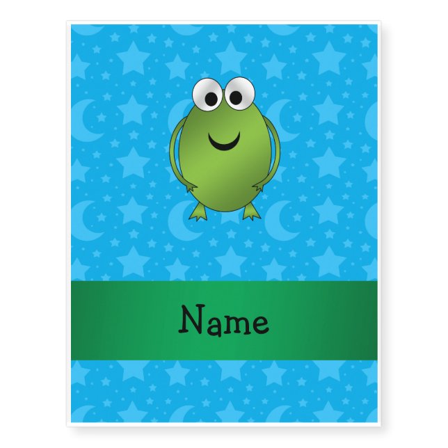 Personalized name frog blue stars and moons temporary tattoos (Front)