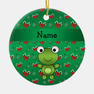 Personalized name frog green candy canes bows ceramic ornament