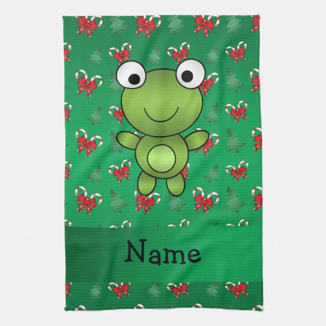 Personalized name frog green candy canes bows towel (Vertical)
