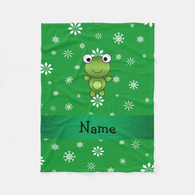 Personalized name frog green snowflakes fleece blanket (Front)