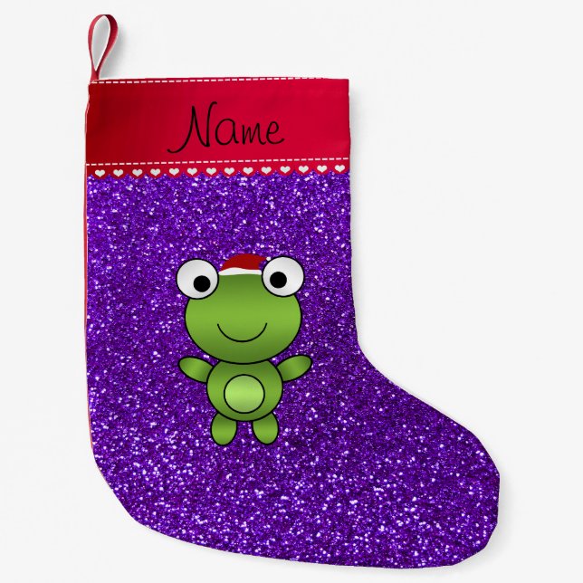 Personalized name frog indigo purple glitter small christmas stocking (Front)