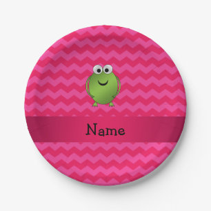 Personalized name frog pink chevrons paper plates