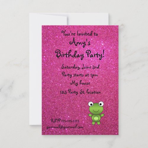 Personalized name frog pink glitter invitation