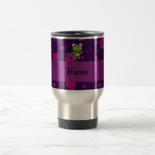Personalized name frog purple pink flowers hearts travel mug