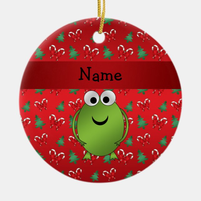 Personalized name frog red candy canes trees ceramic ornament (Front)