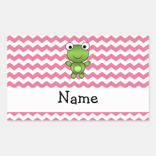 Personalized name frog white and pink chevrons rectangular sticker (Front)