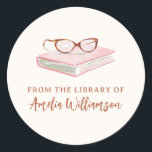 Personalized Name From The Library Pink Bookplate<br><div class="desc">Personalize your book collection with custom bookplate stickers. Features a pink book with reading glasses illustration and "FROM THE LIBRARY OF" with your custom name below. Customizable with any name. Perfect for book lovers,  teachers,  students,  librarians,  or anyone who wants to mark their personal library collection.</div>