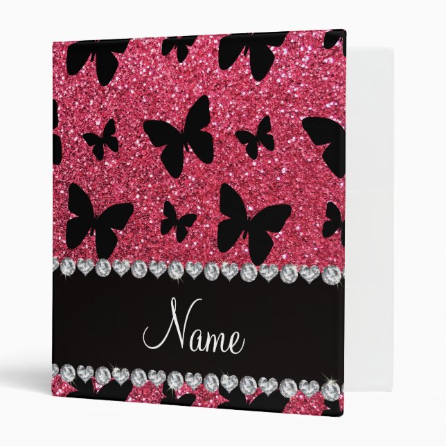 Personalized name fuchsia pink glitter butterflies 3 ring binder (Front/Inside)