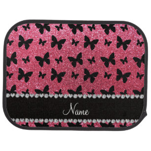 Personalized name fuchsia pink glitter butterflies car mat