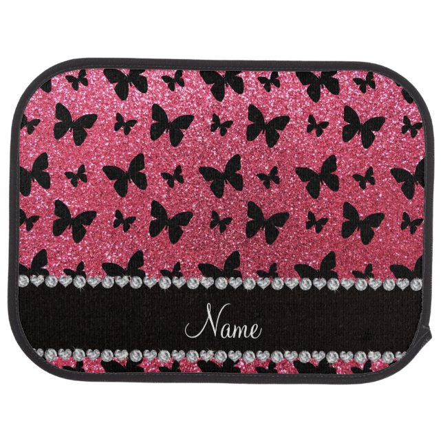Personalized name fuchsia pink glitter butterflies car mat (Rear)