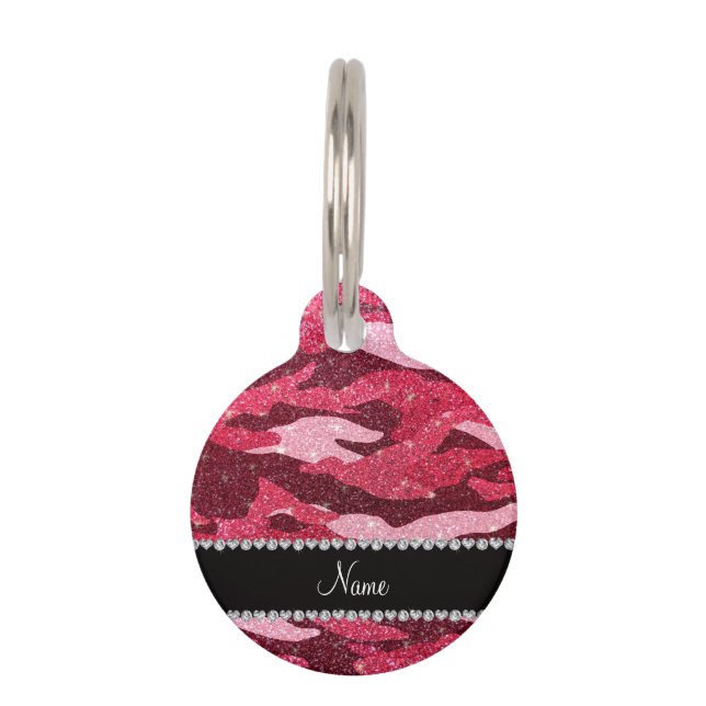 Personalized name fuchsia pink glitter camouflage pet tag (Front)