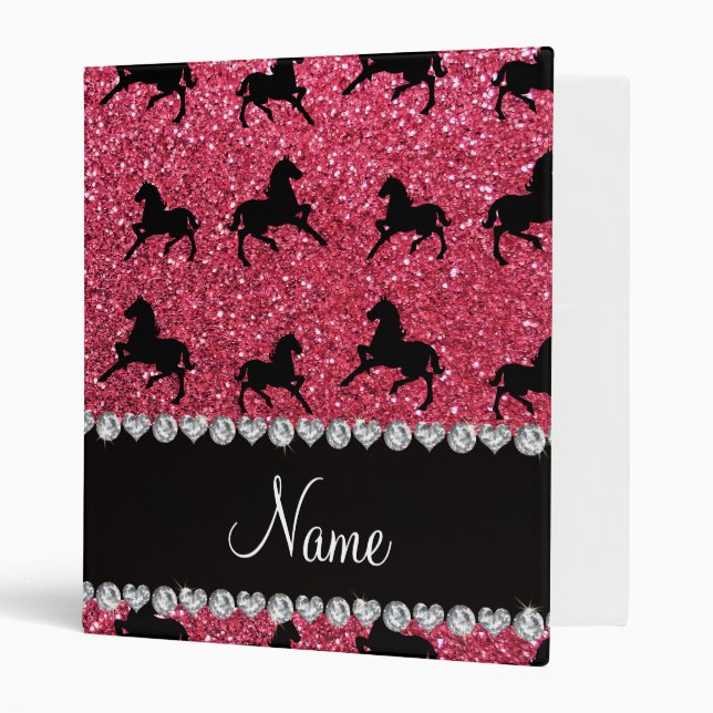 Personalized name fuchsia pink glitter horses binder (Front/Inside)