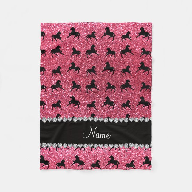 Personalized name fuchsia pink glitter horses fleece blanket (Front)
