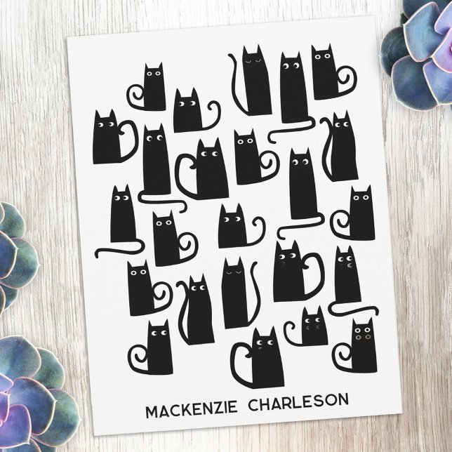 Personalized Name Fun Black Cat Note Card (Fun black cat design personalized custom name or text notecards for animal lovers)