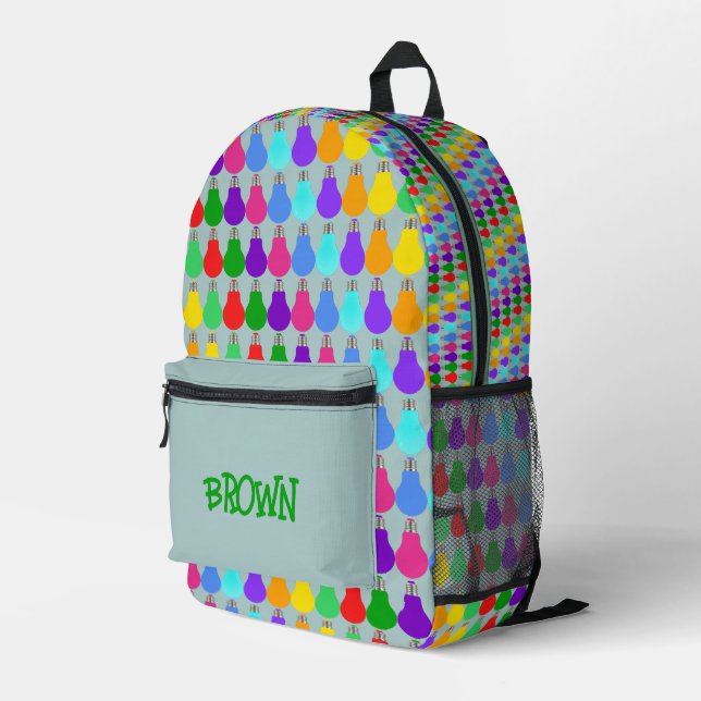 Personalized Name Fun Colorful Bulbs Opal Blue Printed Backpack (Back Corner Right)