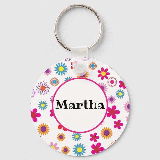 Personalized Name Fun Colorful Happy Flowers  Keychain (Front)