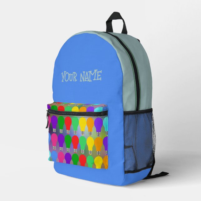 Personalized Name Fun Elegant Colorful Bulbs Blue Printed Backpack (Back Corner Right)