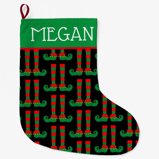 Personalized name funny big elf feet pattern large christmas stocking (Front)
