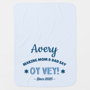 Personalized Name Funny "Oy Vey" Cute Blue Jewish Baby Blanket