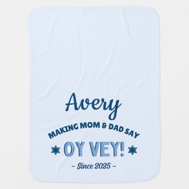 Personalized Name Funny "Oy Vey" Cute Blue Jewish  Baby Blanket (Front)