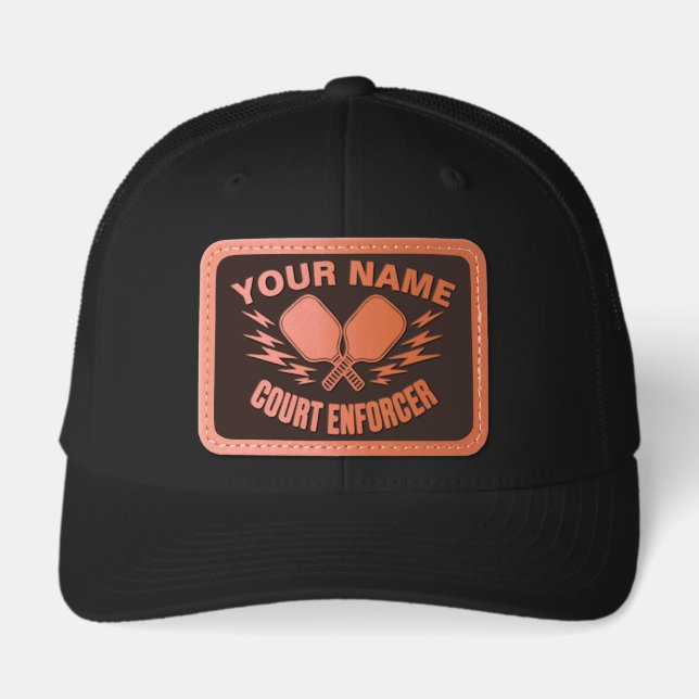 Personalized Name Funny Pickleball Court Enforcer Leather Patch Hat (Front)