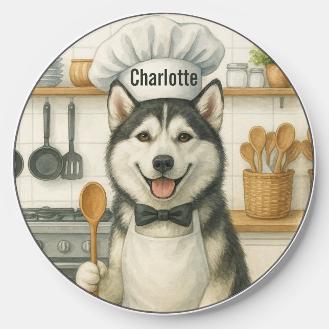 Personalized Name Funny Siberian Husky Dog Chef Wireless Charger (Front)