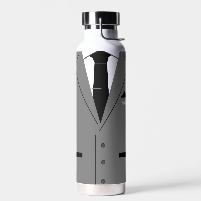 Personalized Name Funny Water Bottle Gray Suit Tie (Left)