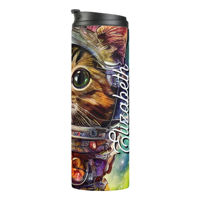 Personalized Name Futuristic Space Cat Thermal Tumbler (Rotated Right)